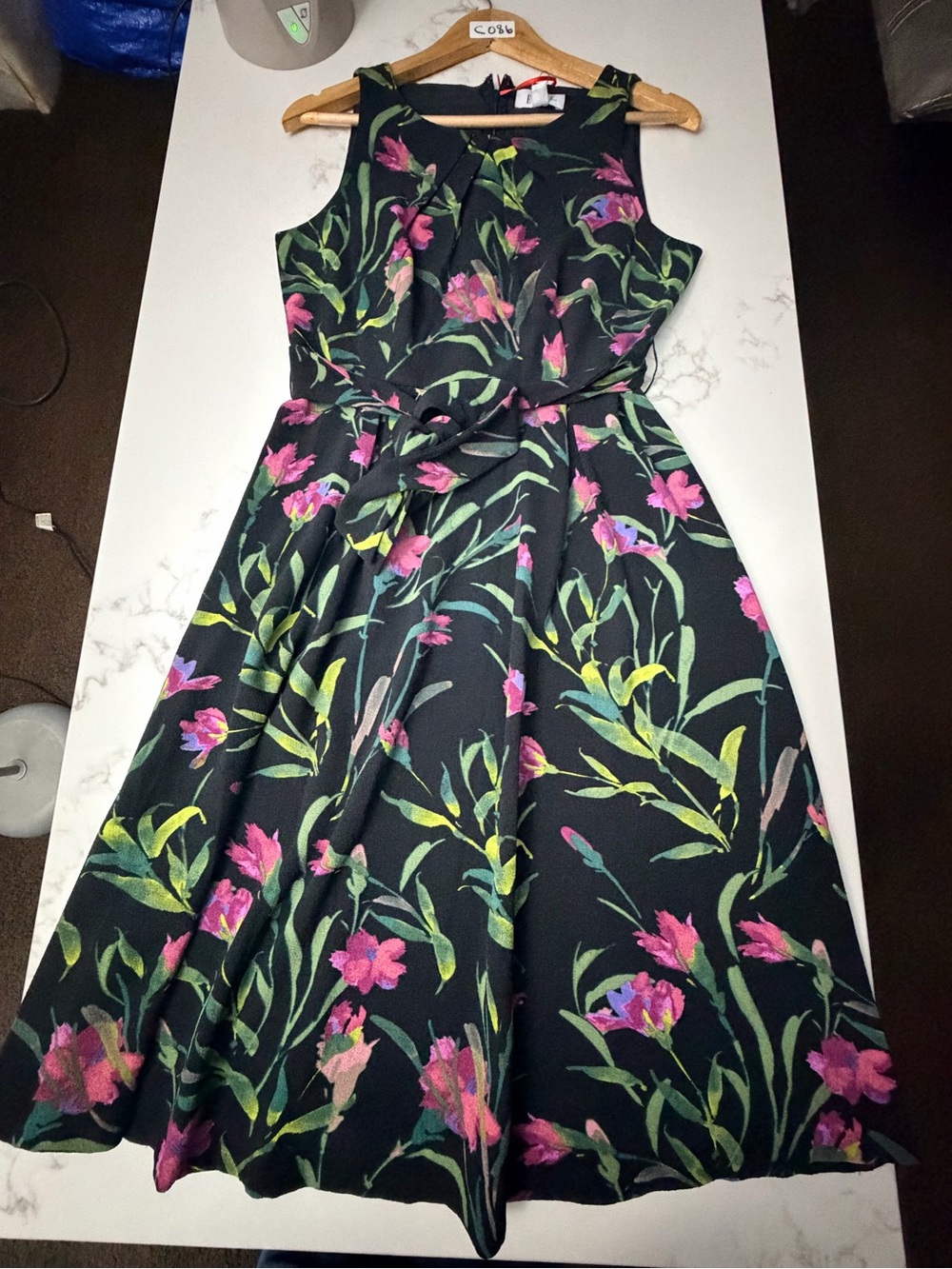 Elle Black Floral Tie-Waist Midi Dress with Pink & Green Print - Picture 11 of 12